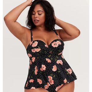 Torrid BLACK FLORAL & POLKA DOT TWIST FRONT UNDERWIRE TANKINI - Top only!